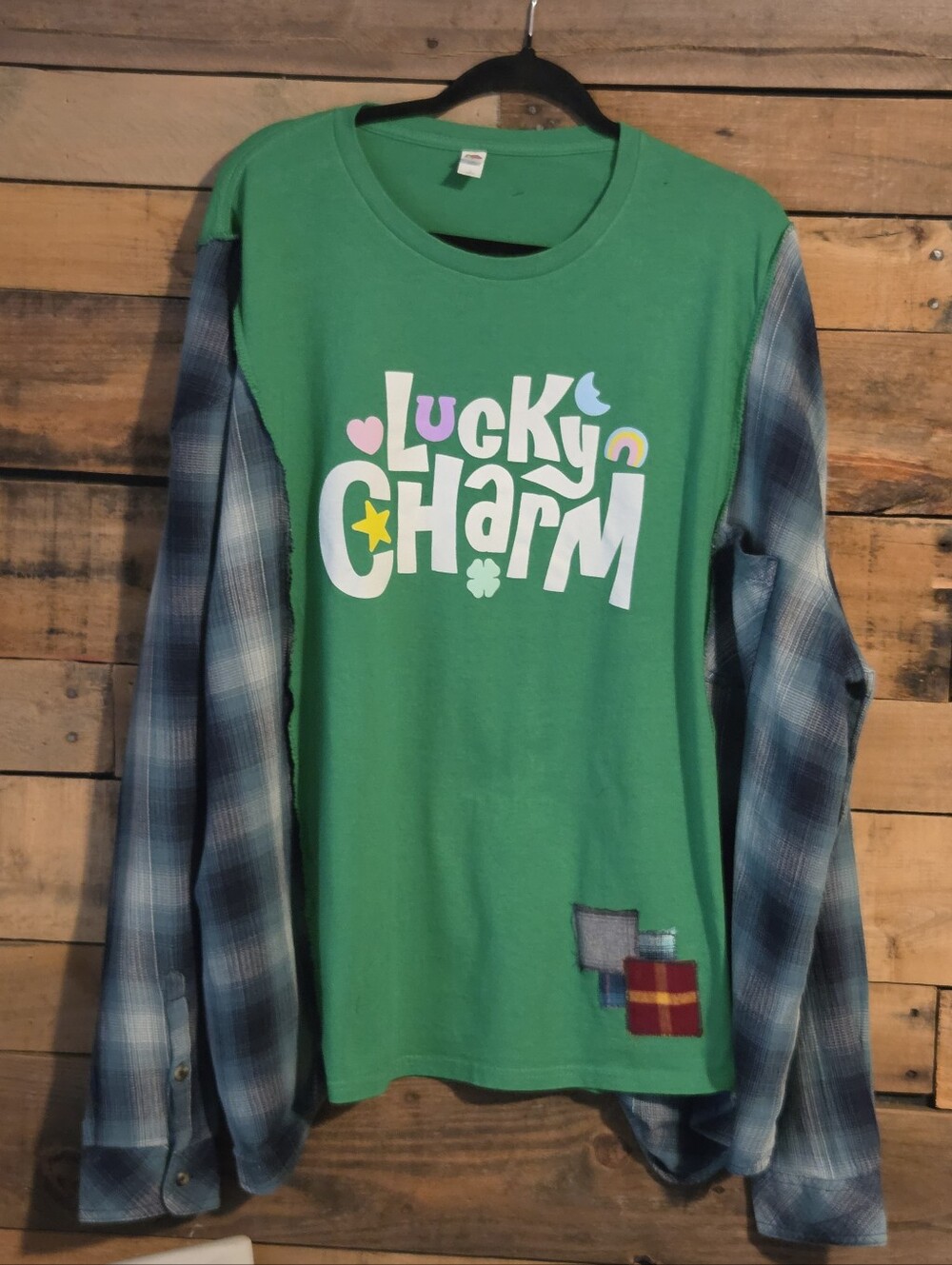 Fruit of the Loom Green "Lucky Charm" Long-Sleeve Tee with Blue Plaid Sleeves
